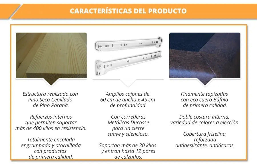Cama Base Sommier 2 Plazas con 4 Cajones en Eco Cuero