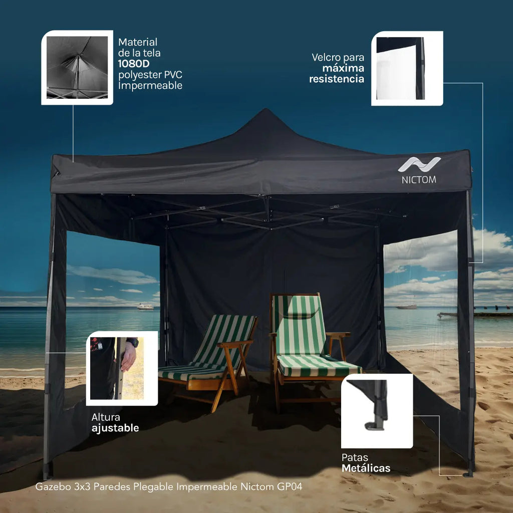 Gazebo Plegable 3x3 m con 3 Paredes Impermeable Nictom Negro