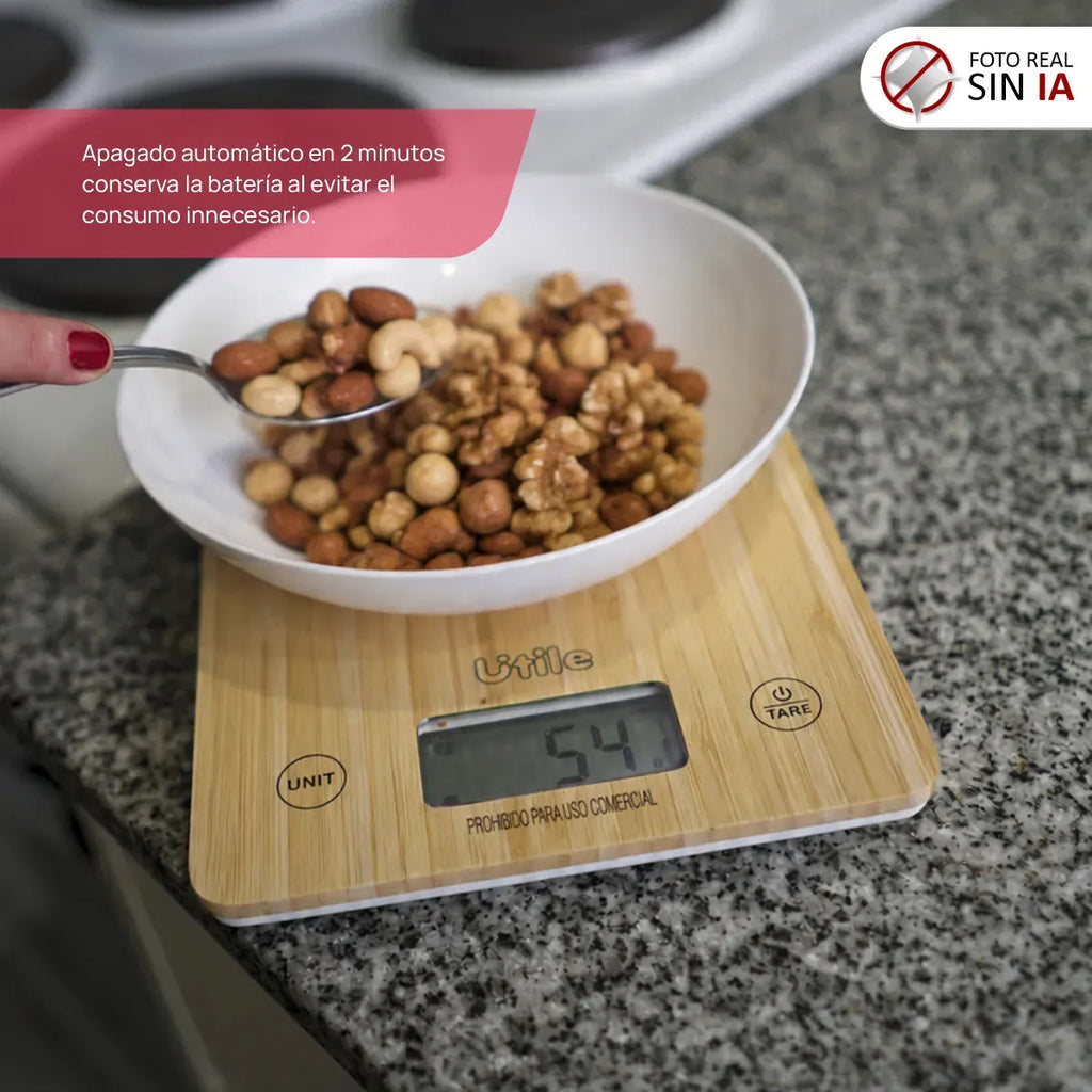 Balanza de Cocina Digital 10 kg con Plataforma de Bambú