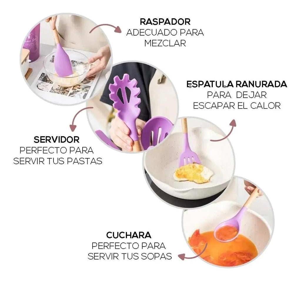 Set x12 Utensilios de Cocina Mango de Madera y Punta de Silicona