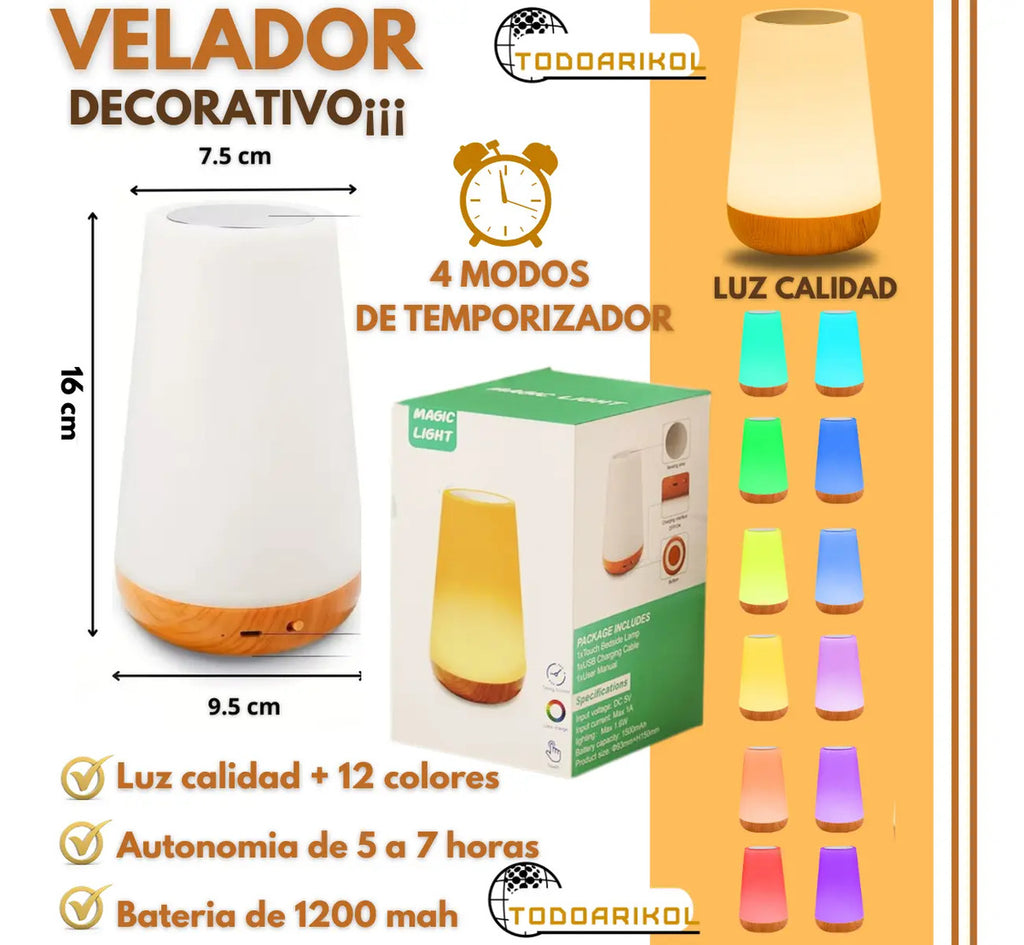Velador Nórdico LED Táctil Recargable con Control Remoto