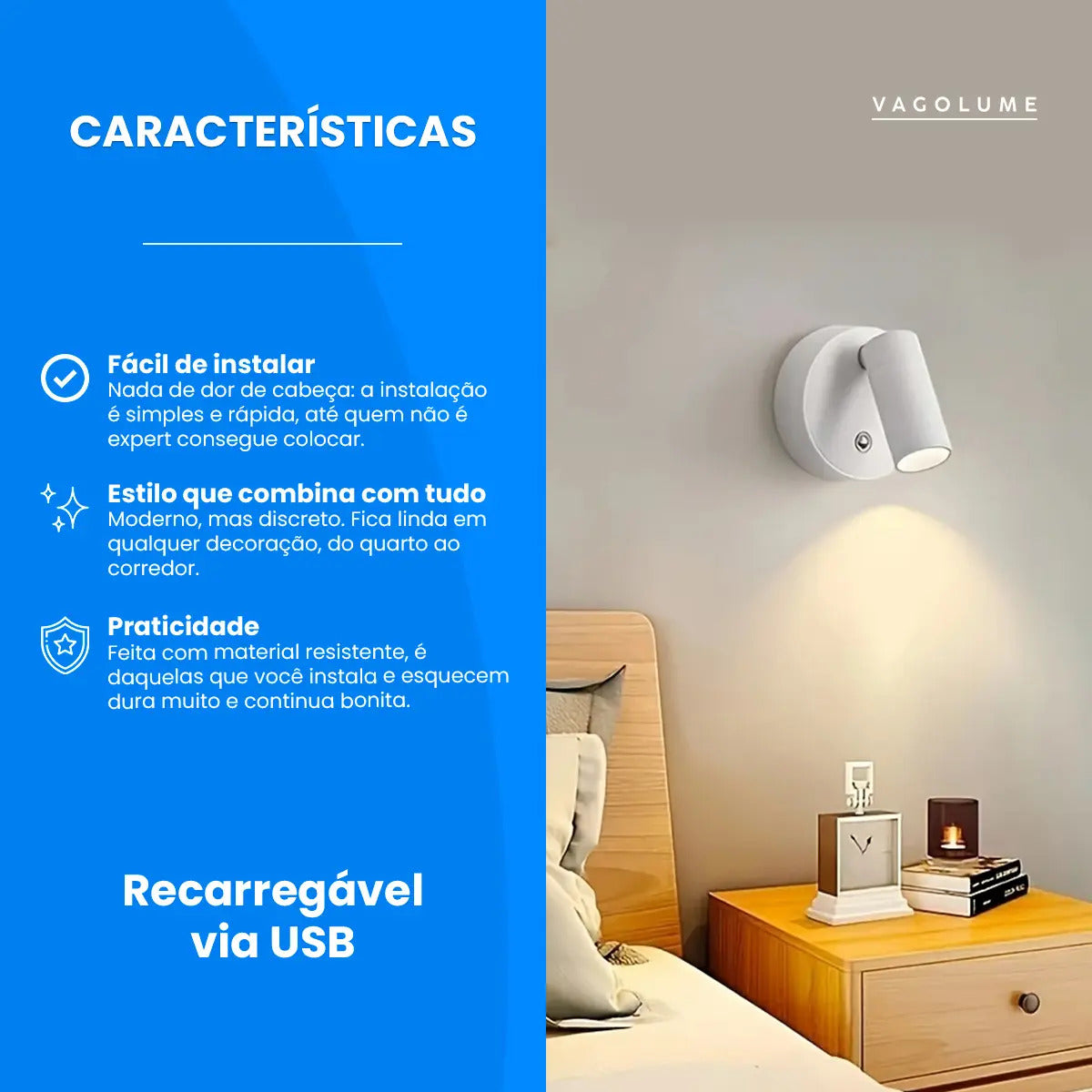 Luz LED Magnética Táctil Recargable USB para Pared Negro