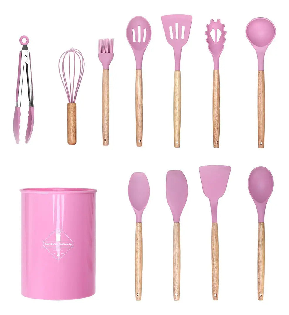 Juego x12 Utensilios de Silicona con Mango de Bambú