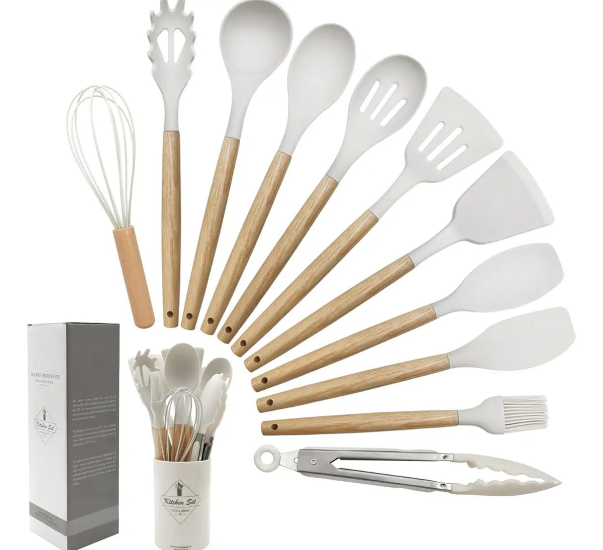 Set x12 Utensilios de Cocina de Silicona con Recipiente
