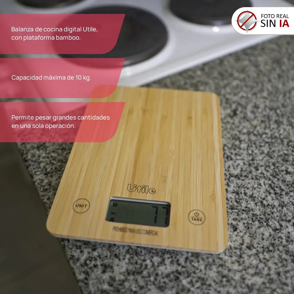 Balanza de Cocina Digital 10 kg con Plataforma de Bambú