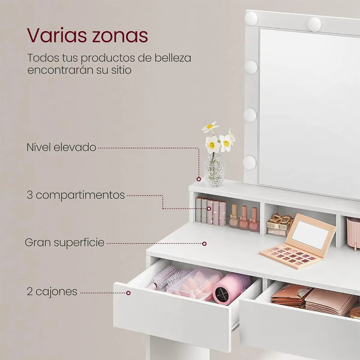 Tocador de Maquillaje Sharon con Espejo de Luces LED