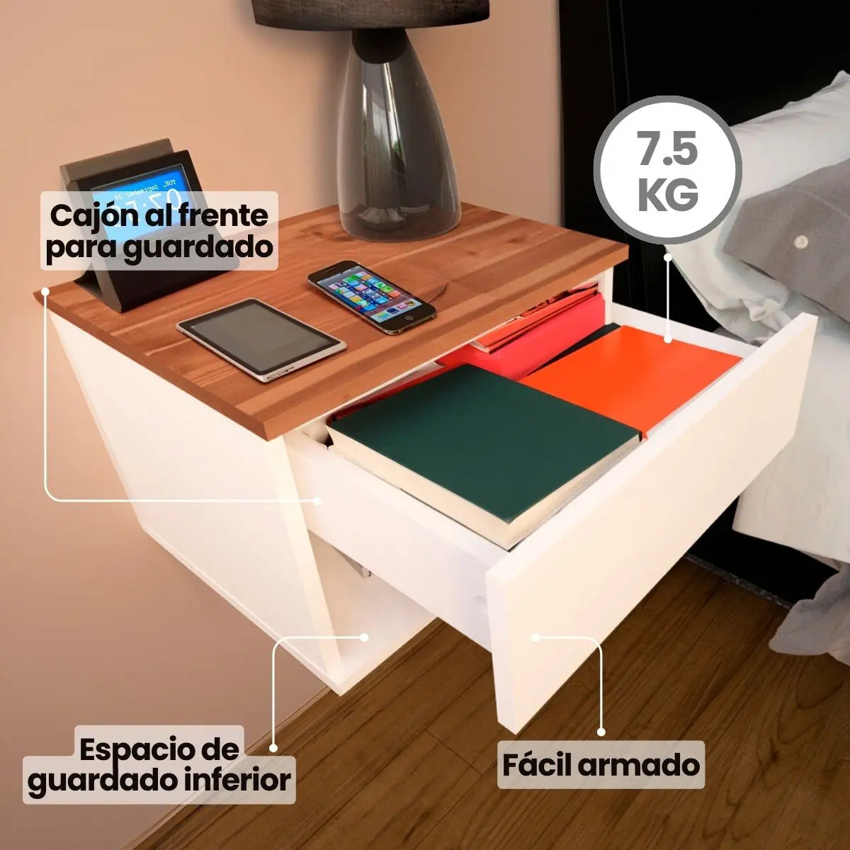 Set x2 Mesas de Luz Flotantes Koa con Cajón — Blanco Paraíso