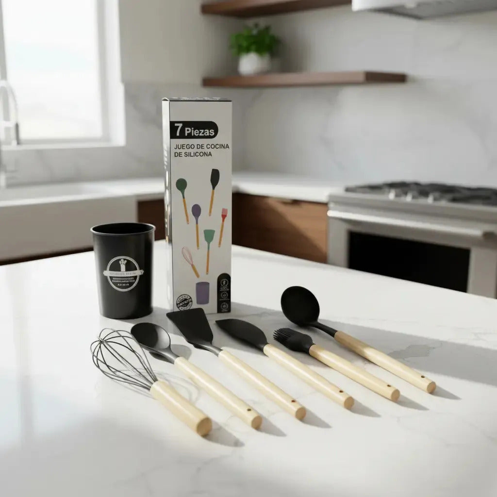 Set x7 Utensilios de Cocina Newtek Mango Madera Rojo