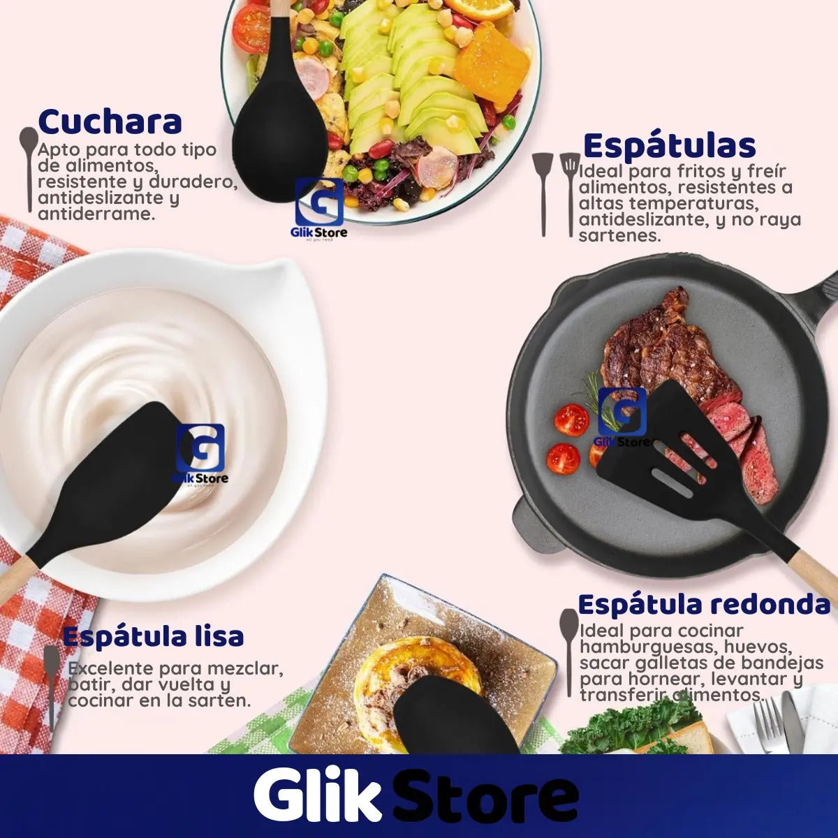 Set x12 Utensilios de Cocina de Silicona con Recipiente