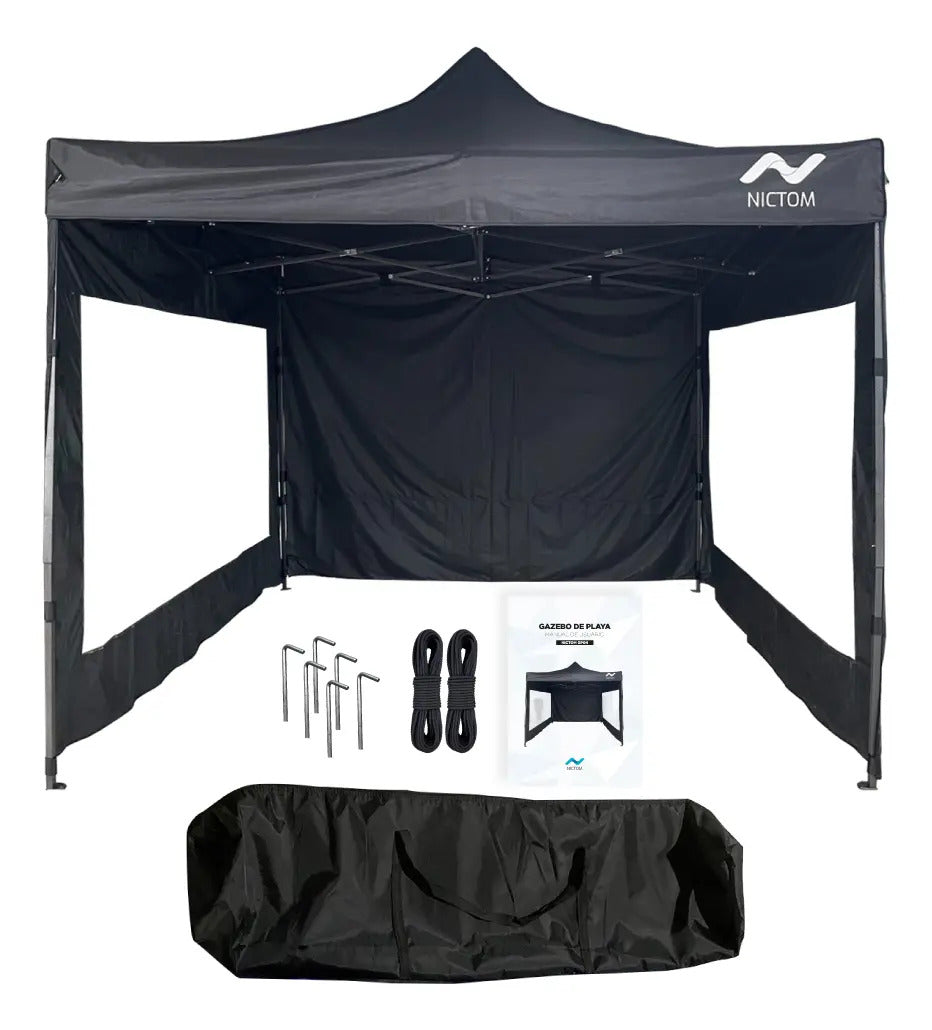 Gazebo Plegable 3x3 m con 3 Paredes Impermeable Nictom Negro