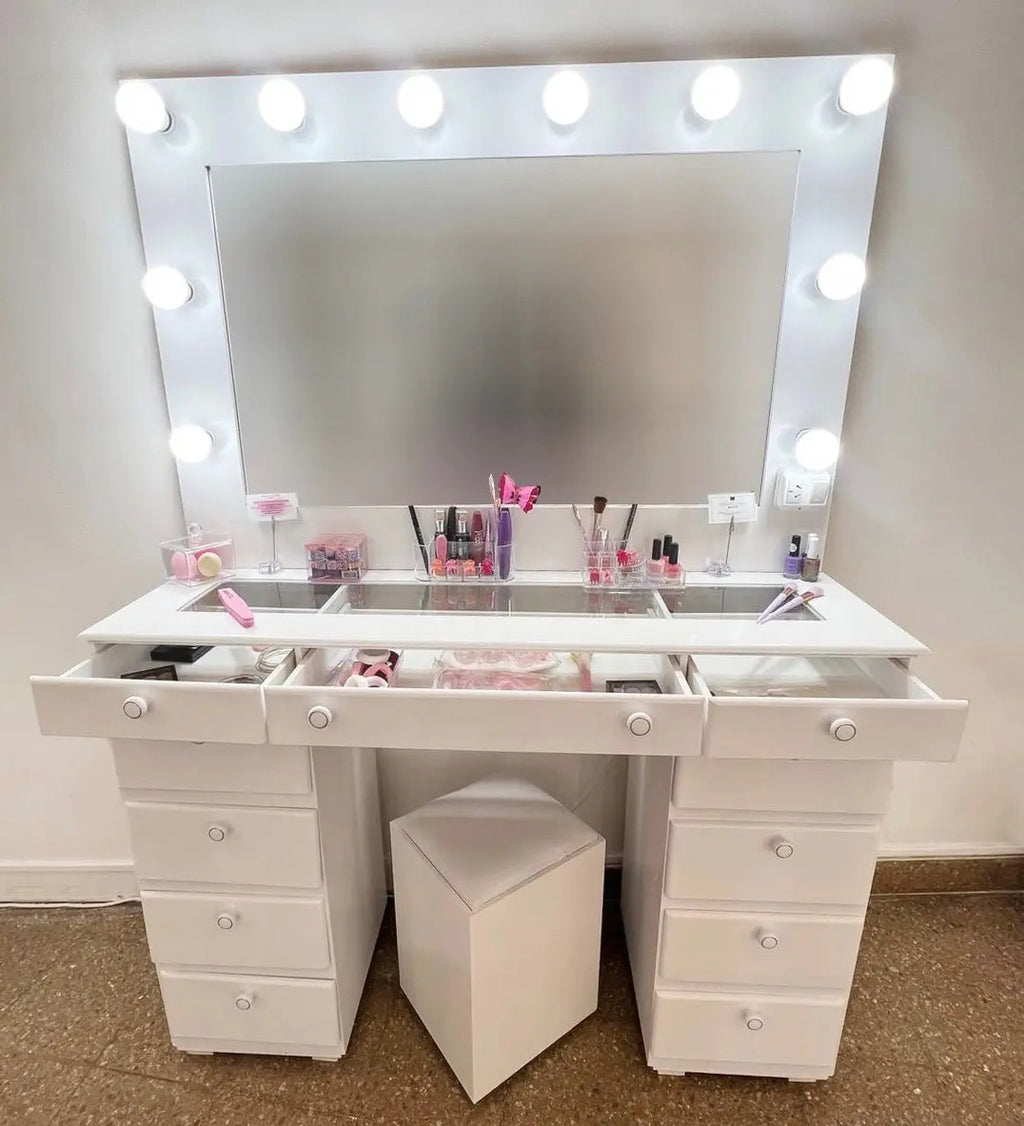 Mueble Tocador Hollywood 1,20 m con Espejo LED y Puff