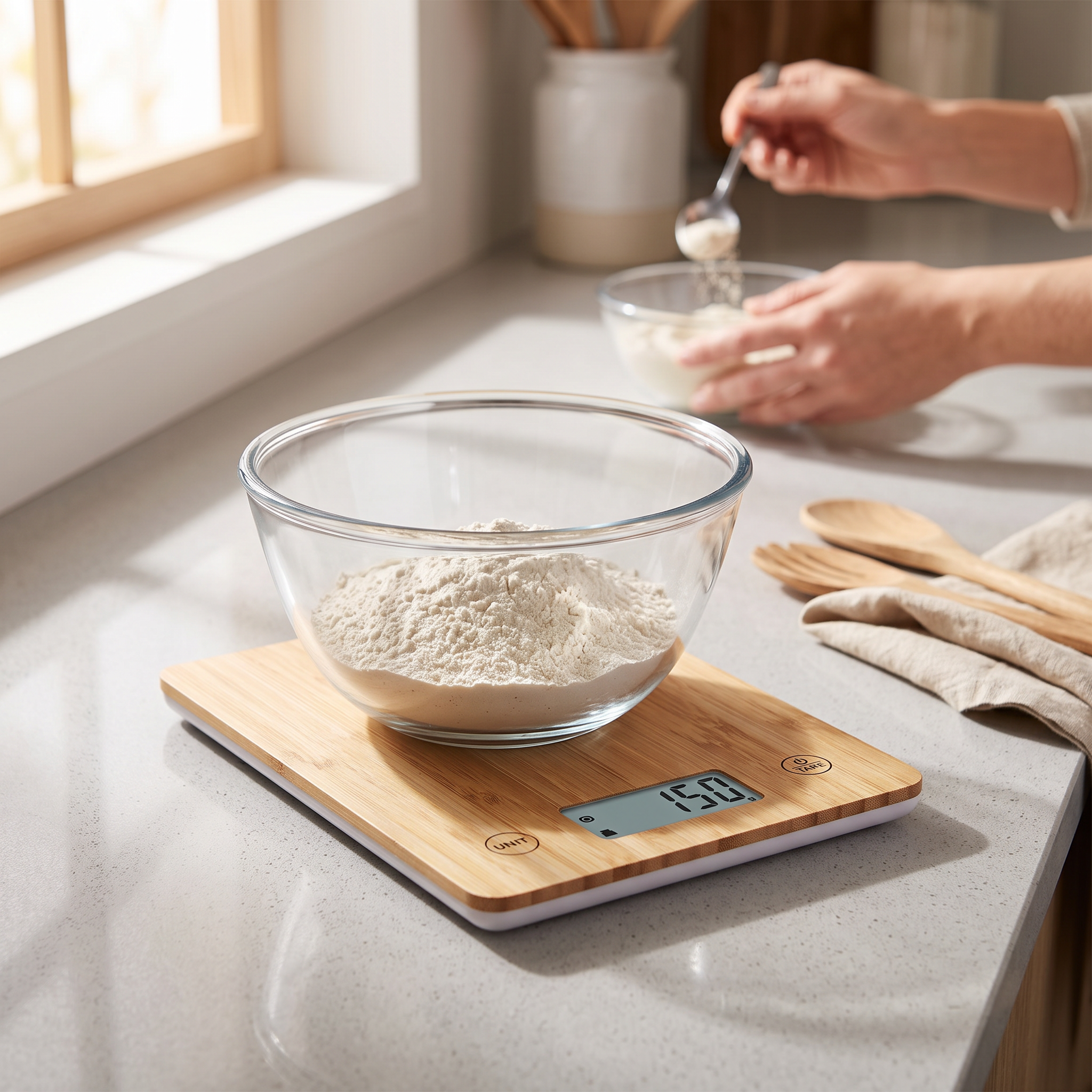 Balanza de cocina digital con plataforma de bambú en uso sobre una mesada de cocina