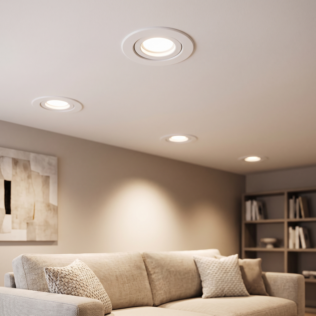 Spots LED de embutir instalados y encendidos en el techo de un living moderno