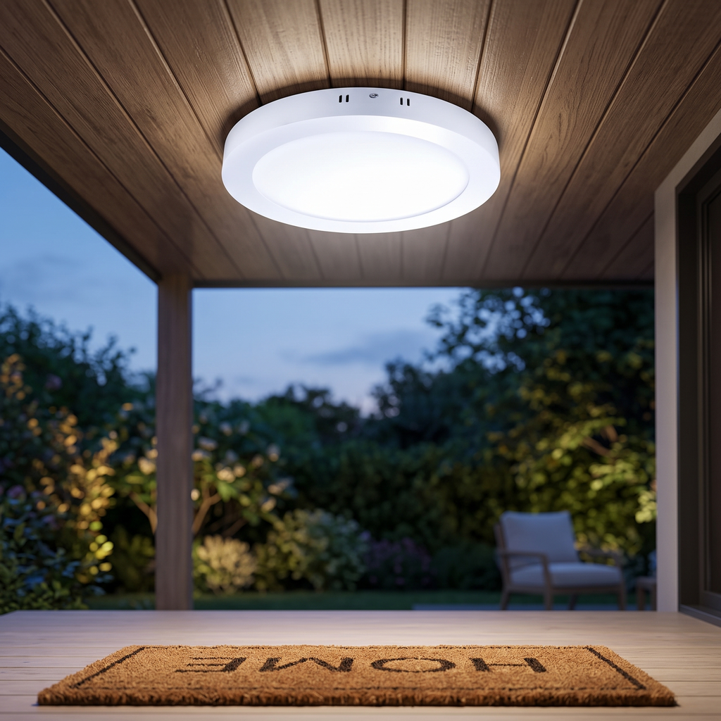 Plafón LED redondo instalado y encendido en el techo de una galería exterior