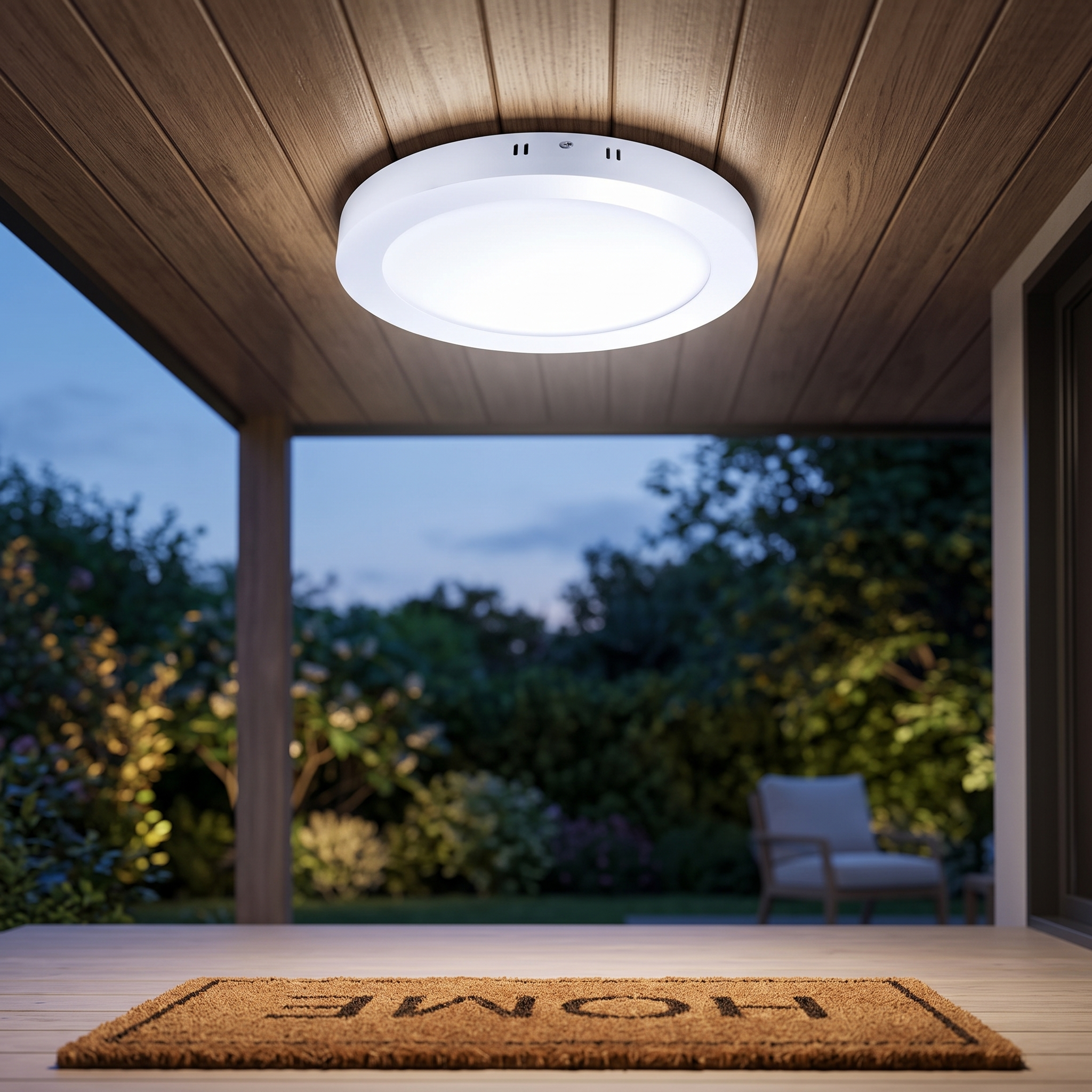 Plafón LED redondo instalado y encendido en el techo de una galería exterior
