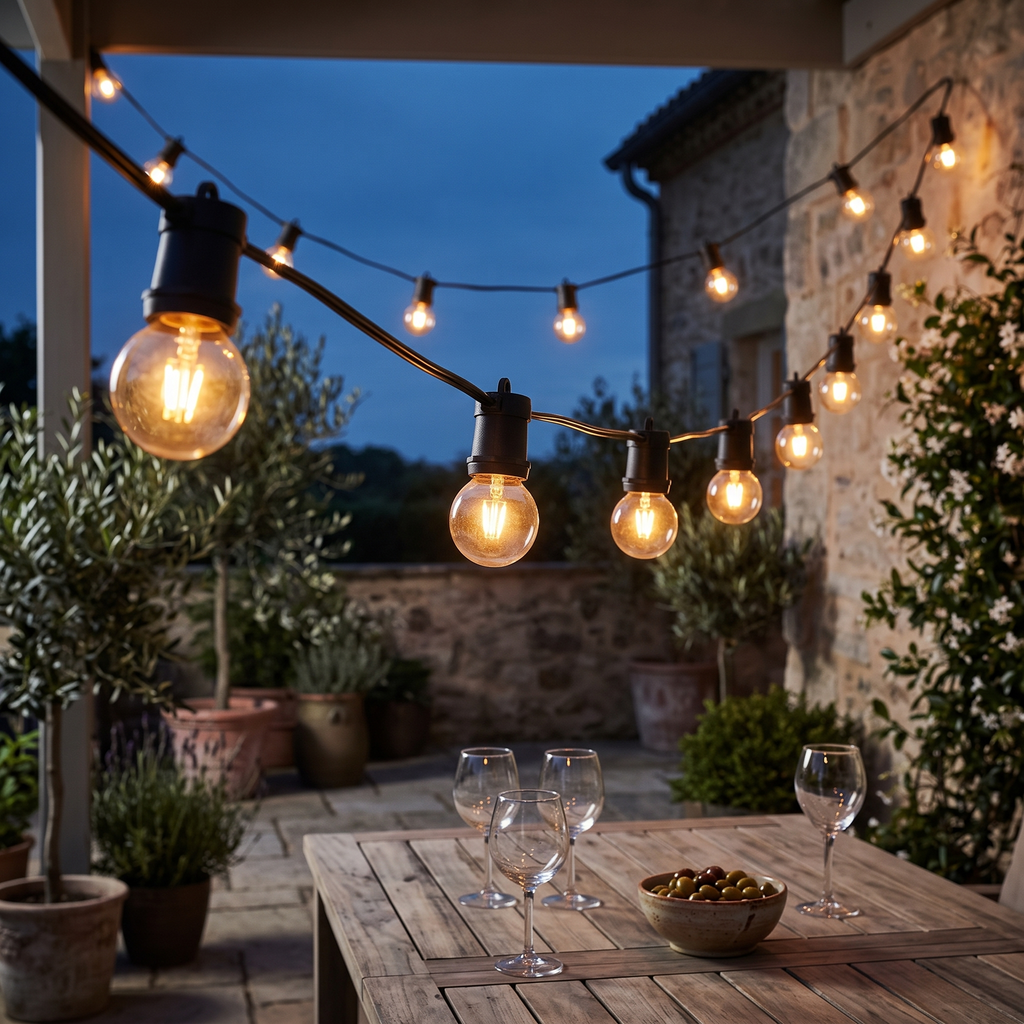 Guirnalda de luces con lámparas vintage colgada sobre un patio al atardecer
