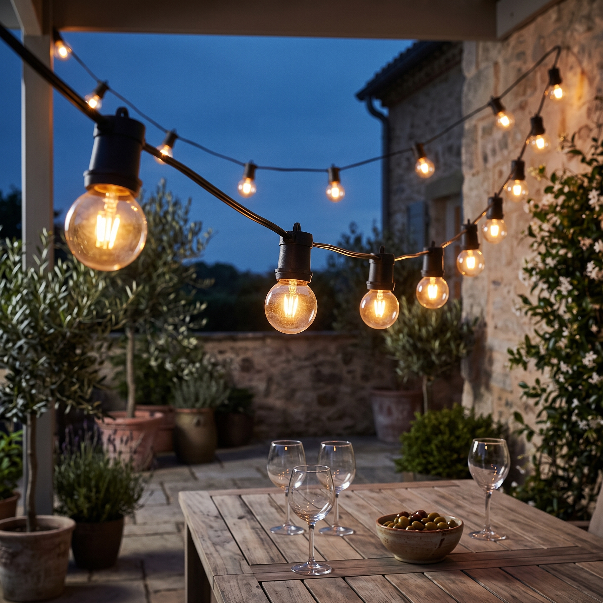 Guirnalda de luces con lámparas vintage colgada sobre un patio al atardecer