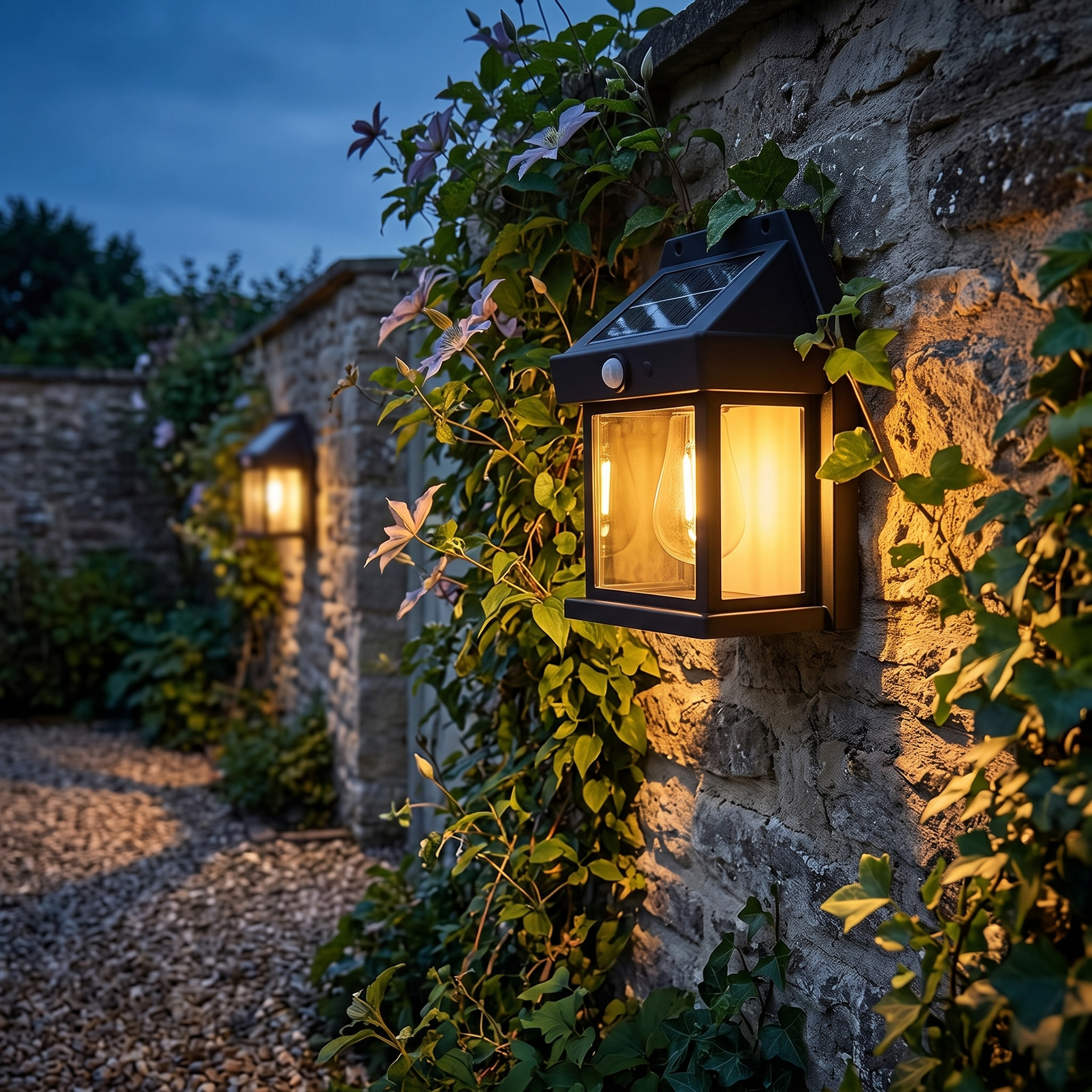 Farol solar LED montado en una pared de jardín y encendido al atardecer