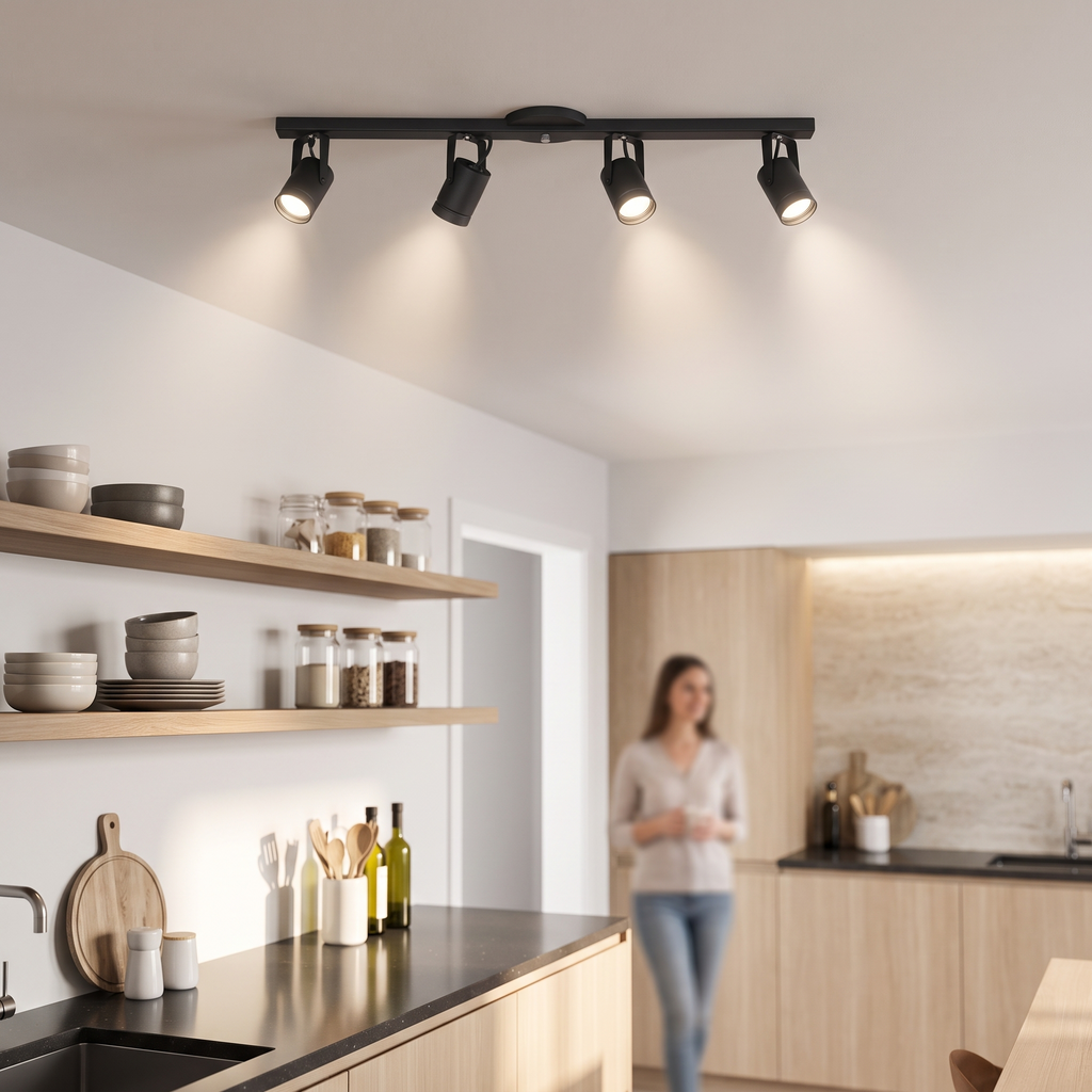 Aplique de techo barral slim de 4 spots encendido sobre una cocina moderna