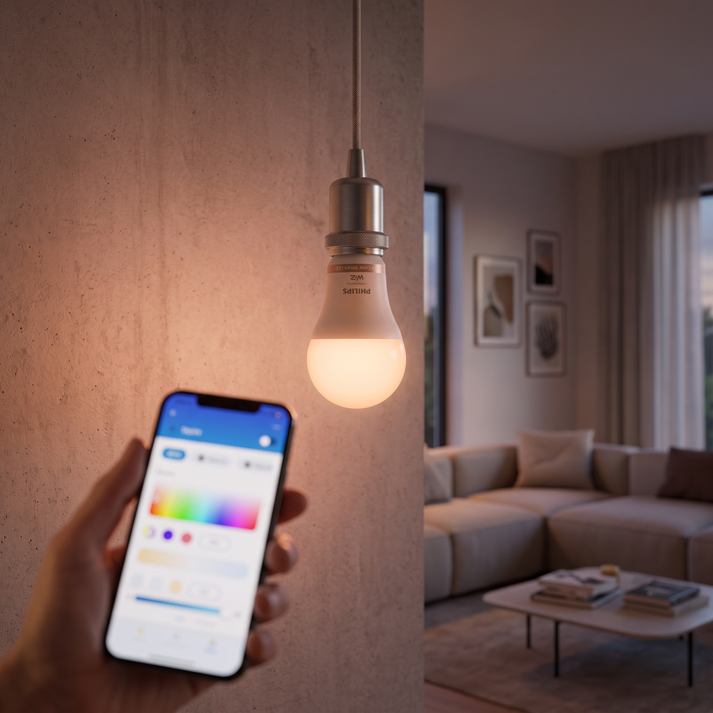 Lámpara smart LED encendida en un artefacto colgante de un living, controlada desde el celular