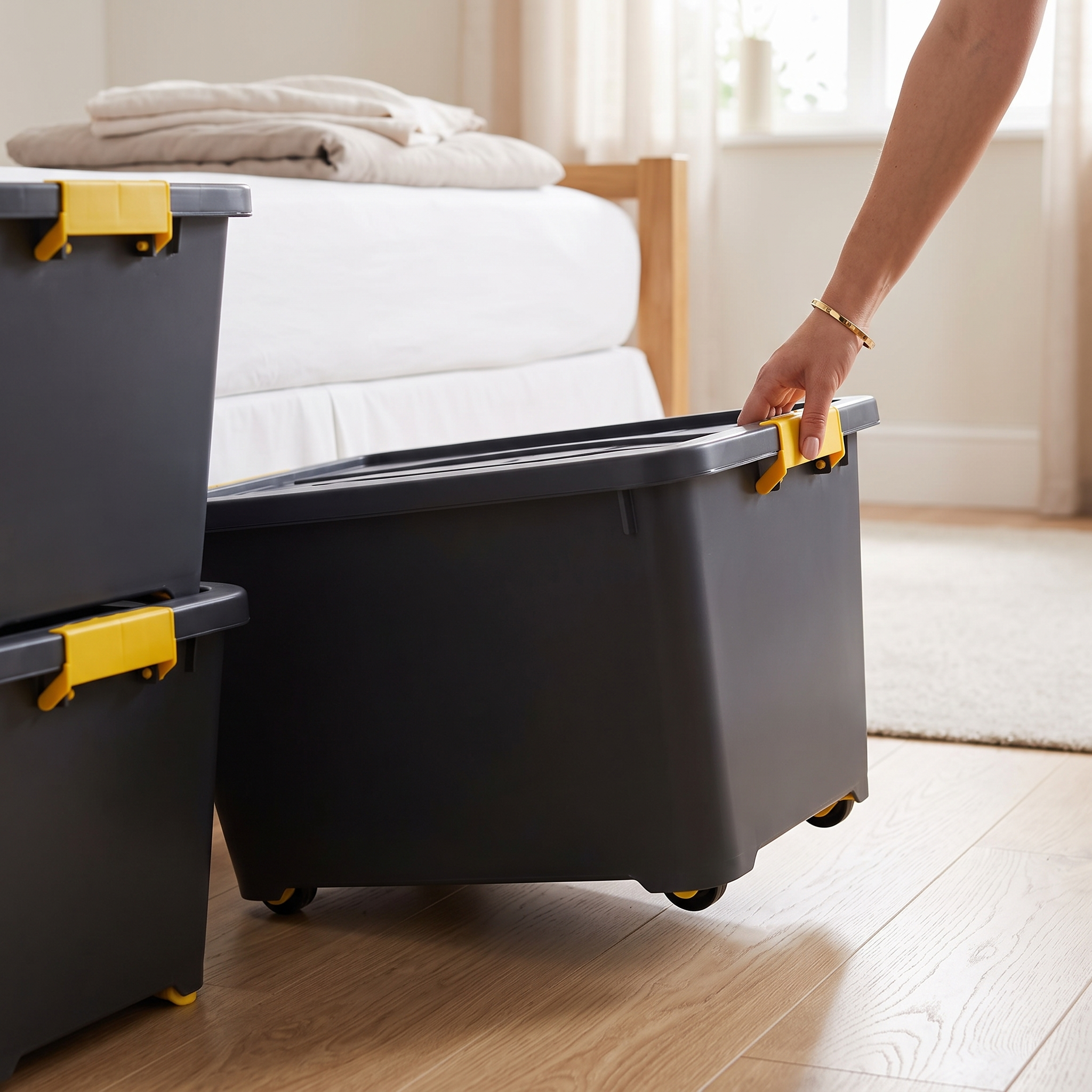 Caja organizadora con ruedas y trabas en uso deslizándose debajo de una cama