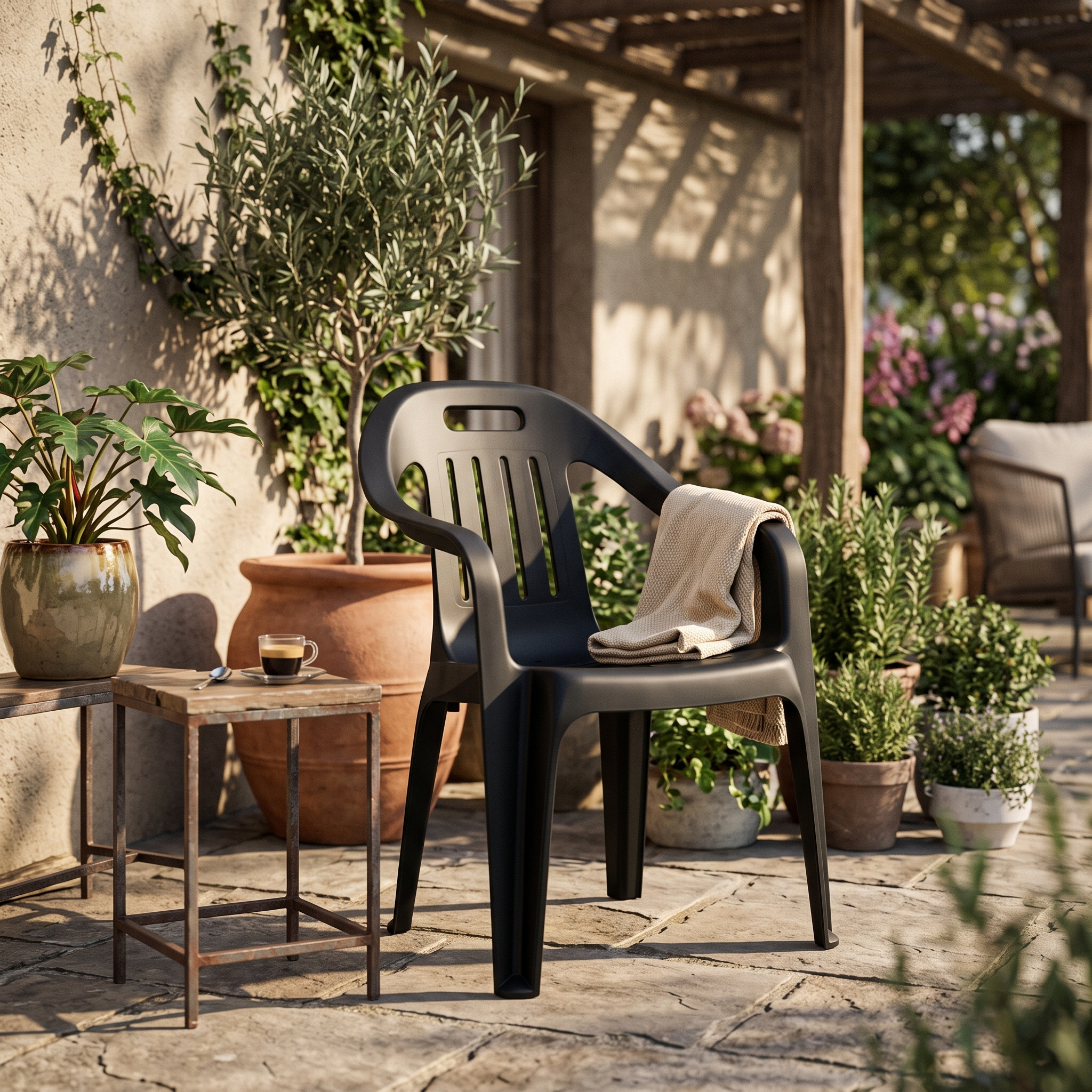 Sillón de jardín de polipropileno negro en uso en una terraza al atardecer