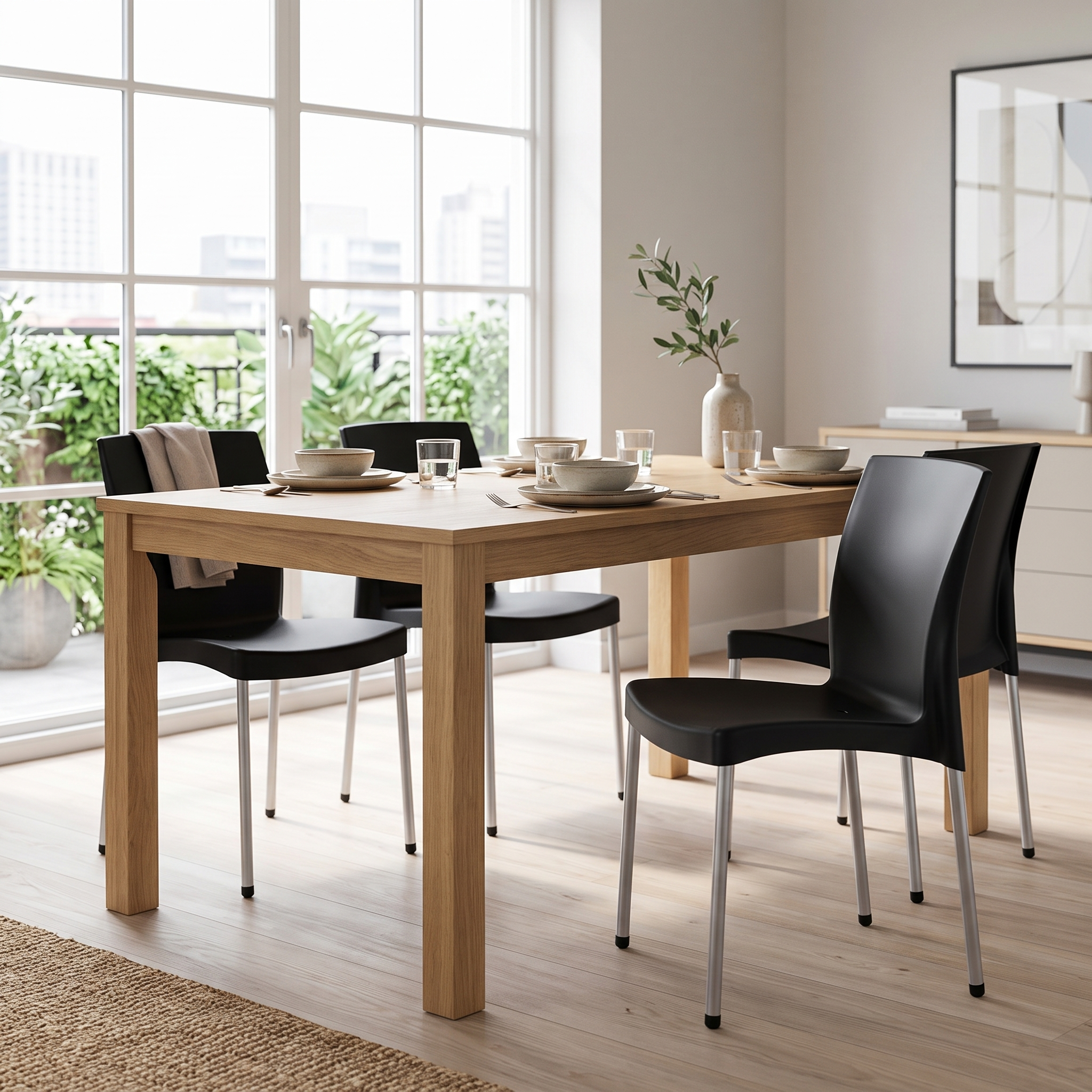 Sillas apilables negras con patas metálicas en uso alrededor de una mesa de comedor