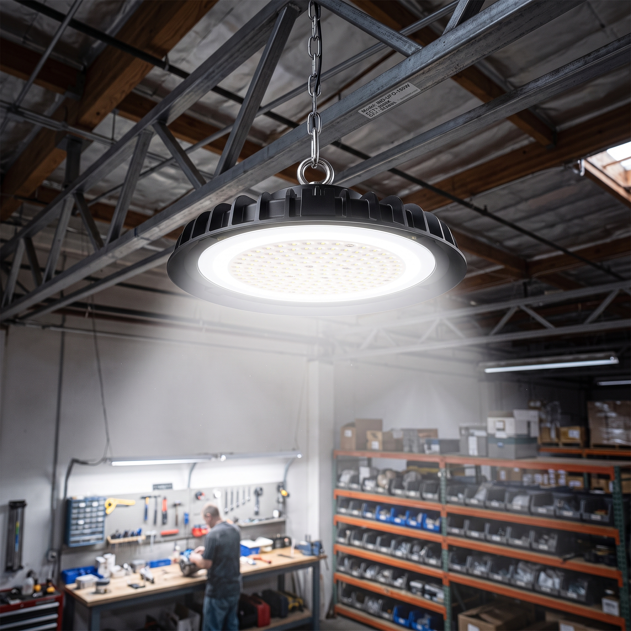 Lámpara galponera industrial UFO colgada y encendida en el techo de un galpón