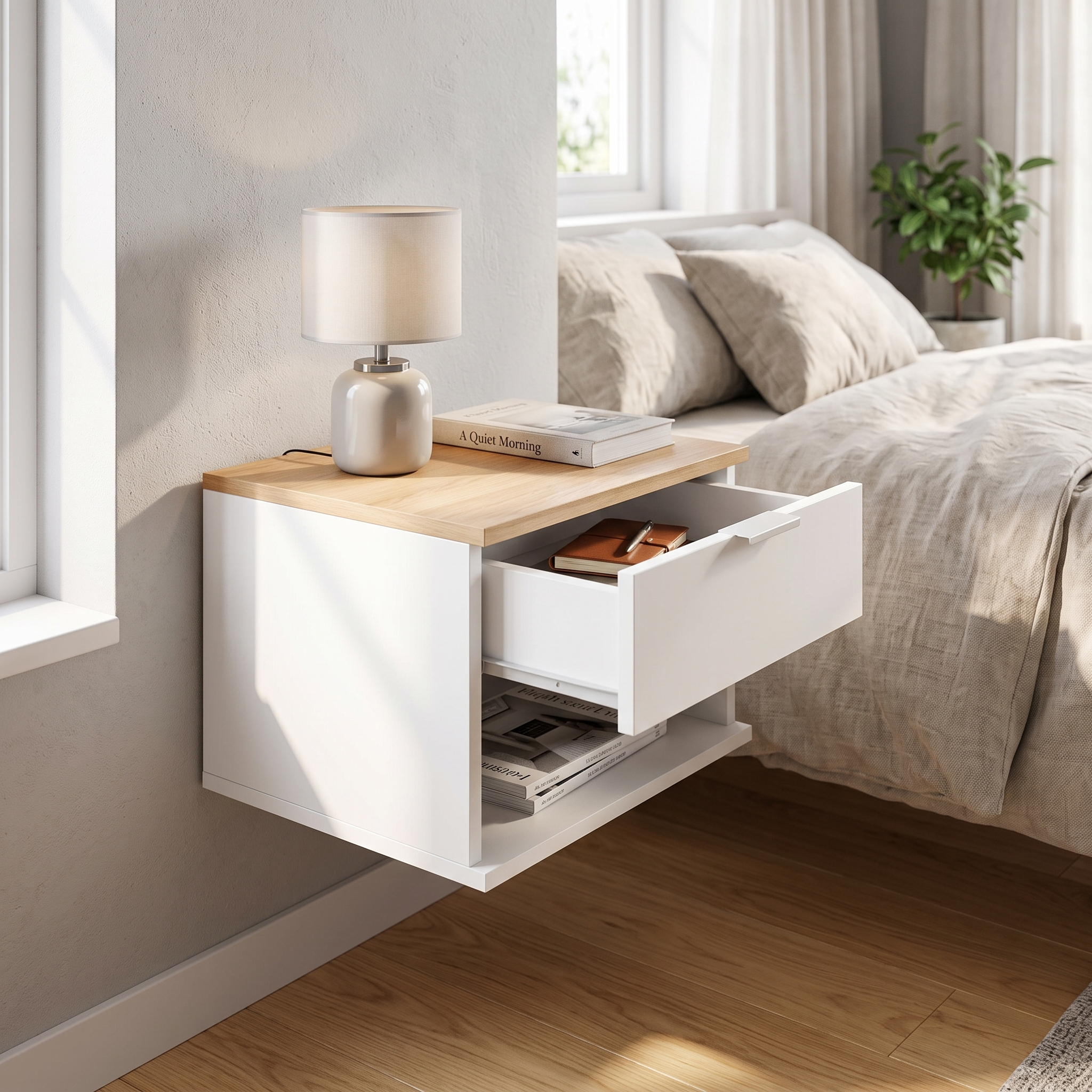 Mesa de luz flotante instalada en la pared junto a una cama, con lámpara y libro encima