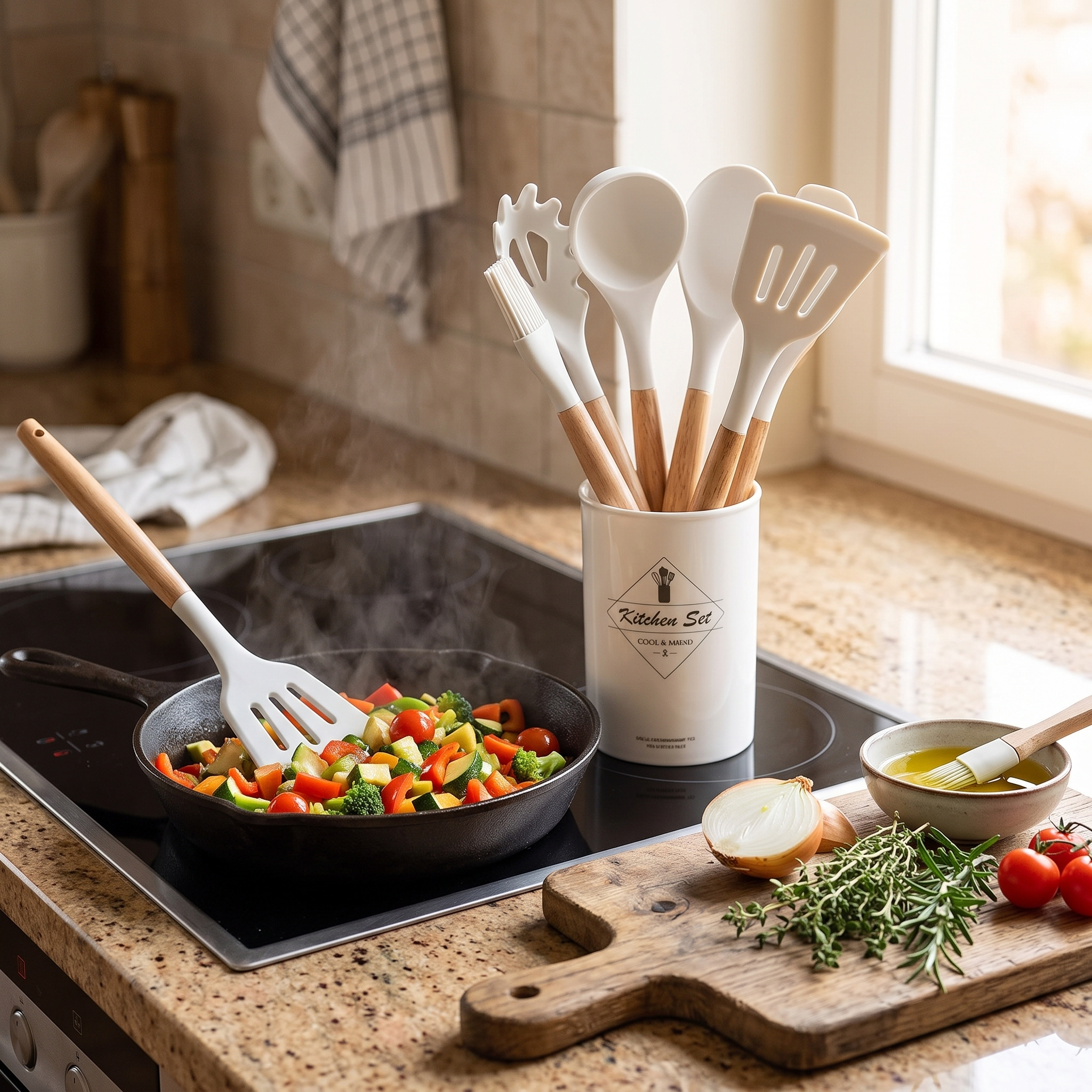 Set de utensilios de silicona en su recipiente y en uso junto a la hornalla de una cocina