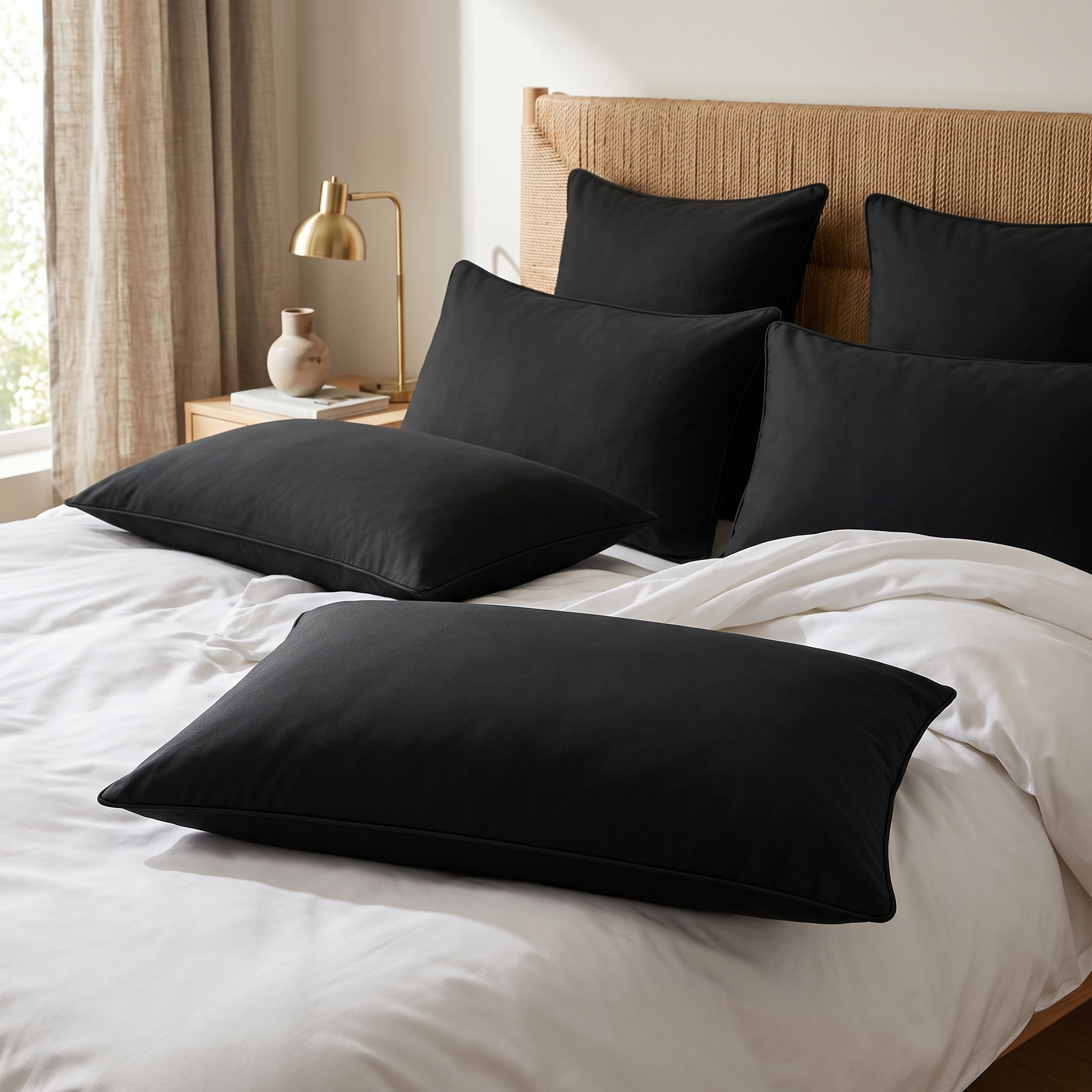 Almohadas de vellón dispuestas sobre una cama tendida en un dormitorio cálido