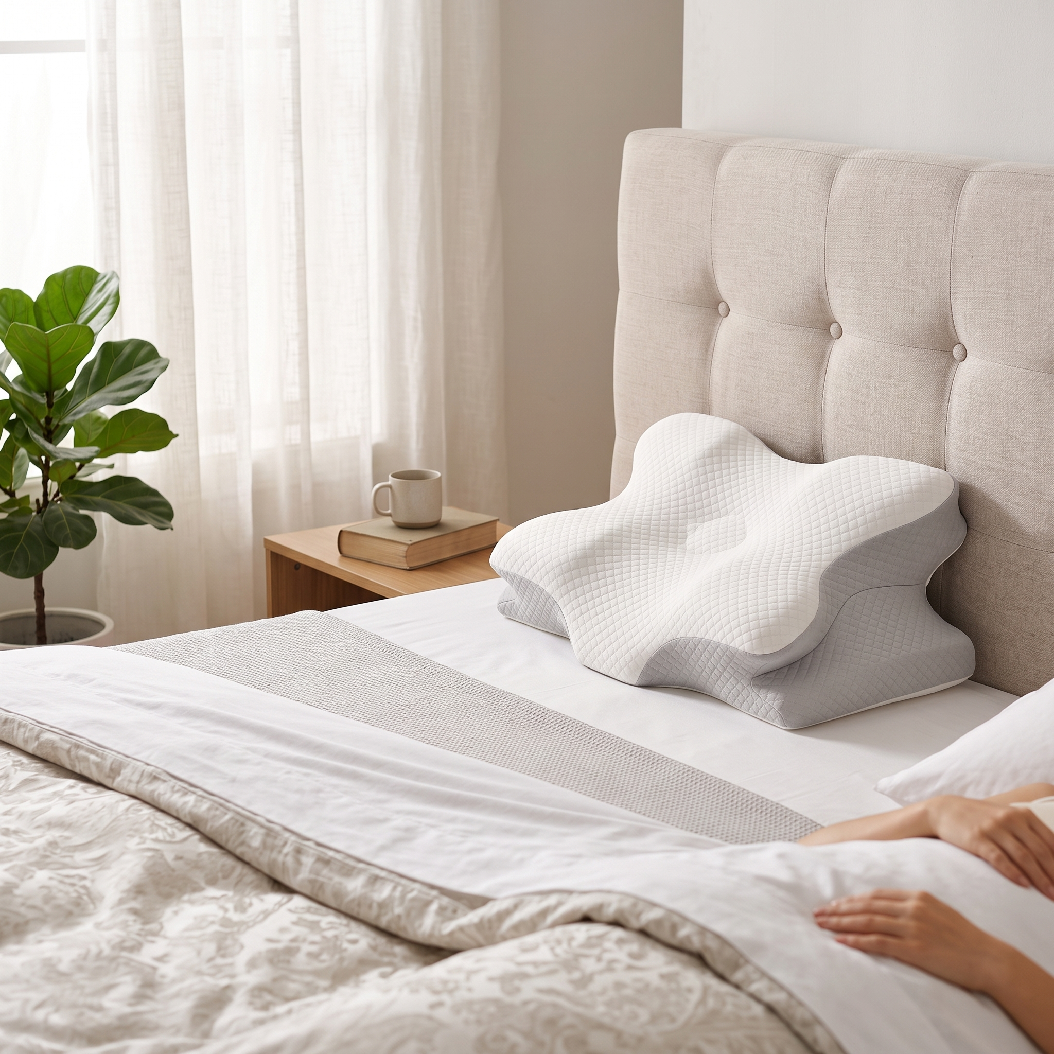 Almohada cervical de memory foam apoyada sobre una cama tendida en un dormitorio luminoso