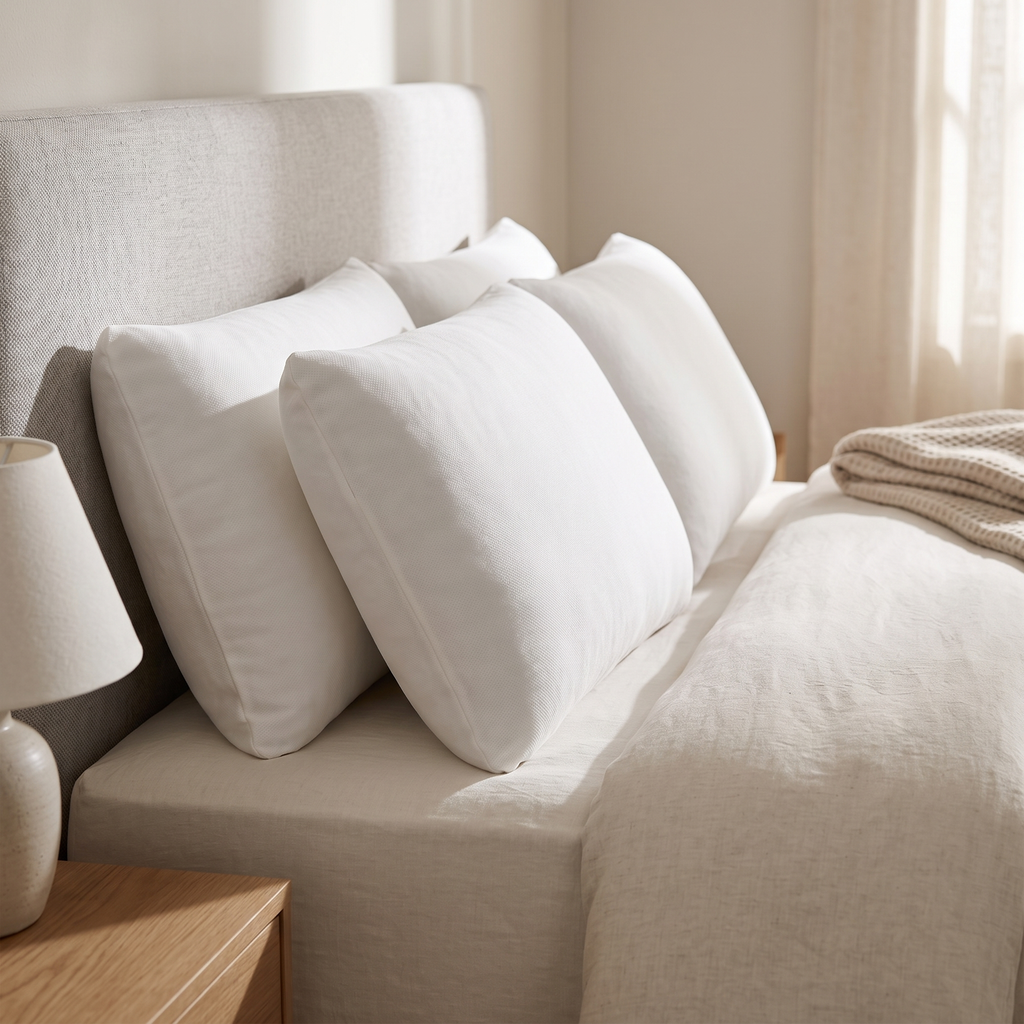 Almohadas viscoelásticas con sus fundas colocadas sobre una cama tendida