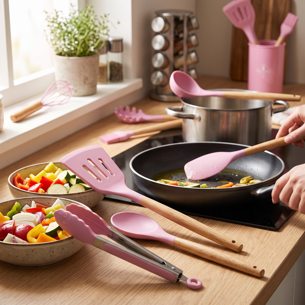 Utensilios de silicona con mango de bambú en uso sobre una mesada de cocina