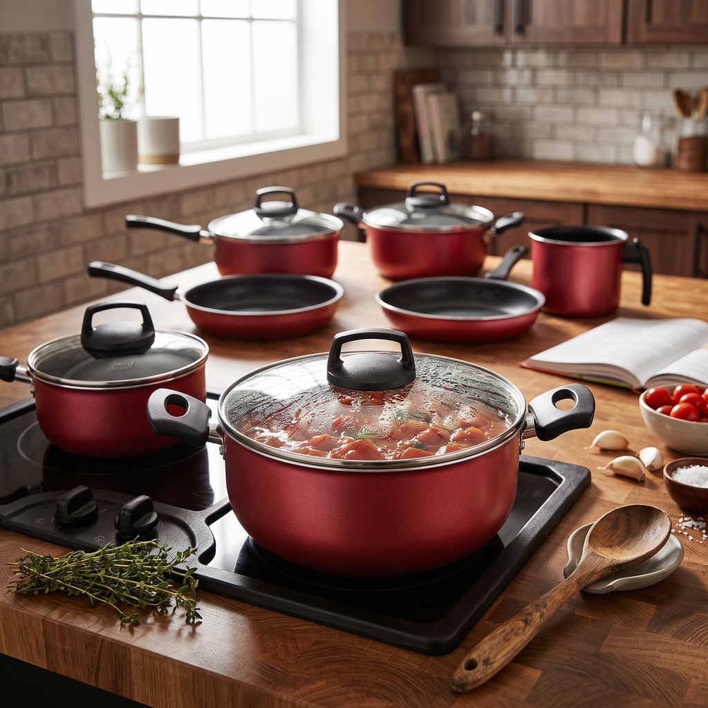 Batería de cocina roja antiadherente en uso sobre la hornalla de una cocina hogareña