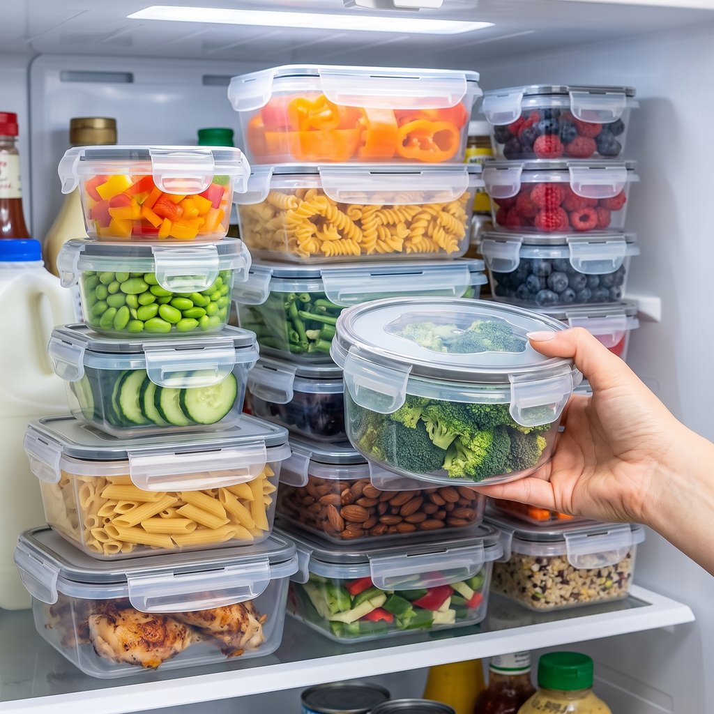 Tapers herméticos en uso y ordenados con comida en un estante de heladera