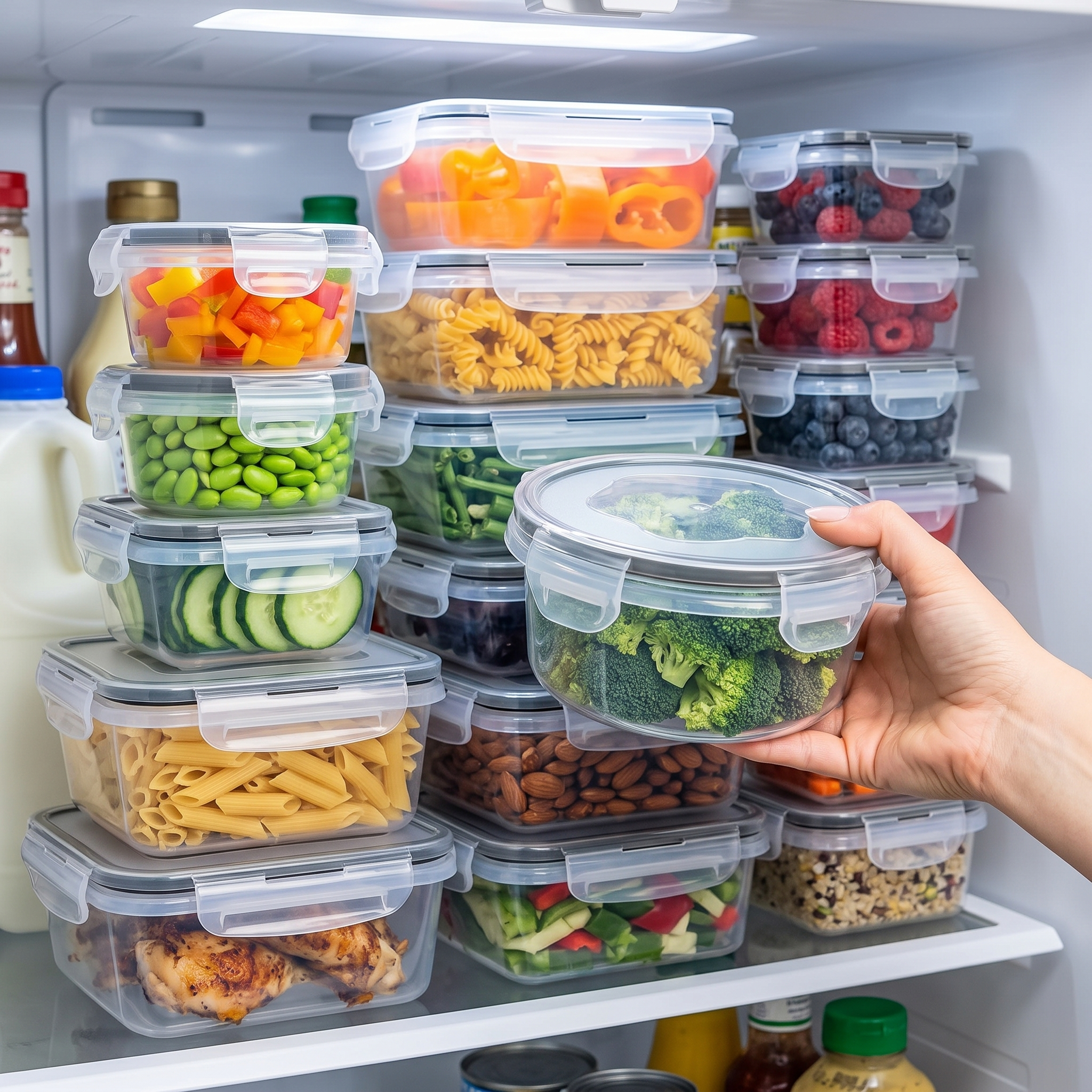 Tapers herméticos en uso y ordenados con comida en un estante de heladera