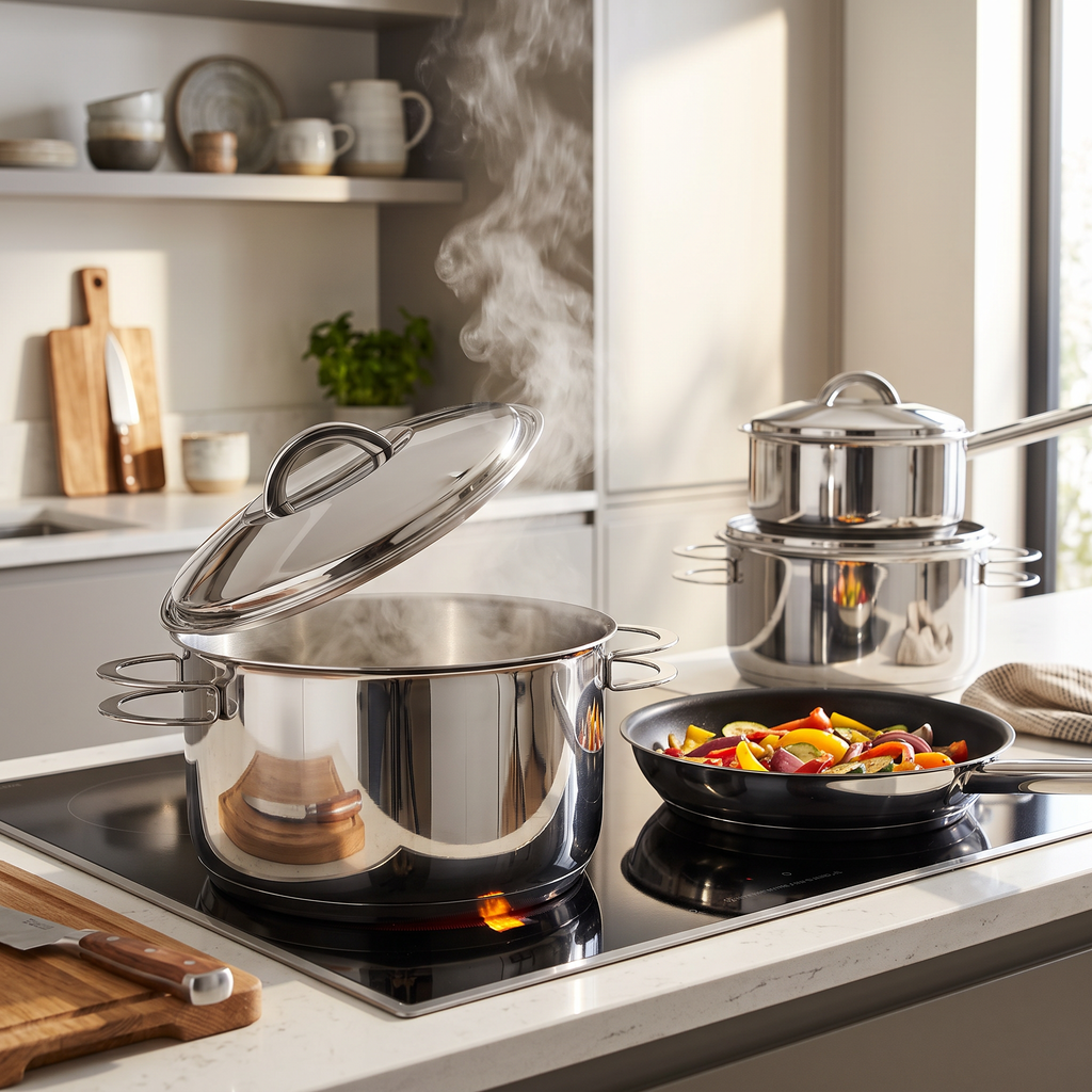 Juego de cocina de acero inoxidable en uso sobre la hornalla de una cocina moderna
