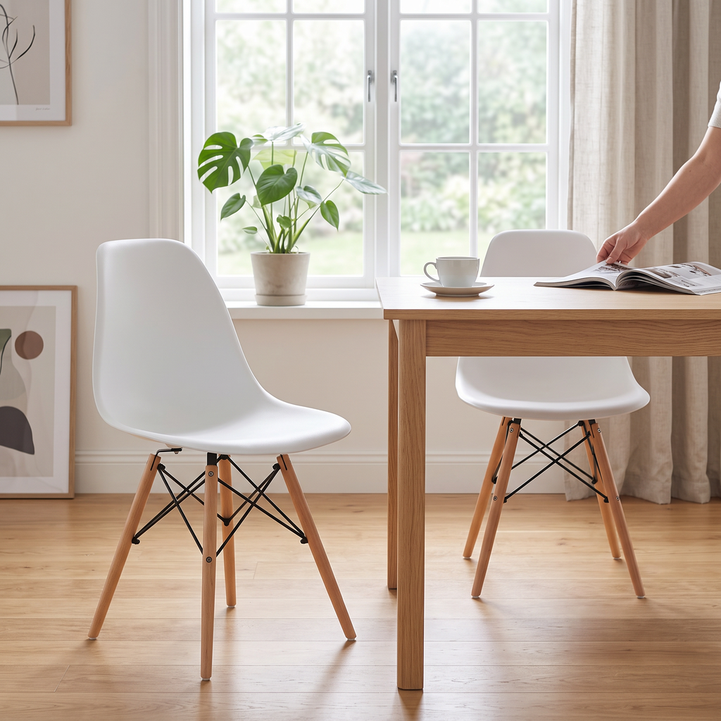 Sillas de comedor estilo Eames con patas de madera en uso alrededor de una mesa luminosa